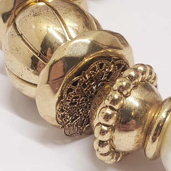 Vintage Gold Tone Metal & Faux Pearl Statement Necklace - Picture 9 of 12